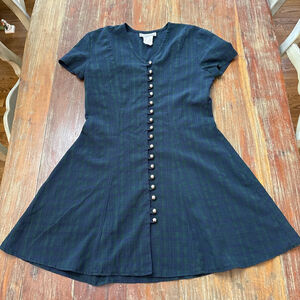 D.B.Y. Navy Green Plaid Mini Dress Juniors 3 Button Up Dark Academia Fit-Flare